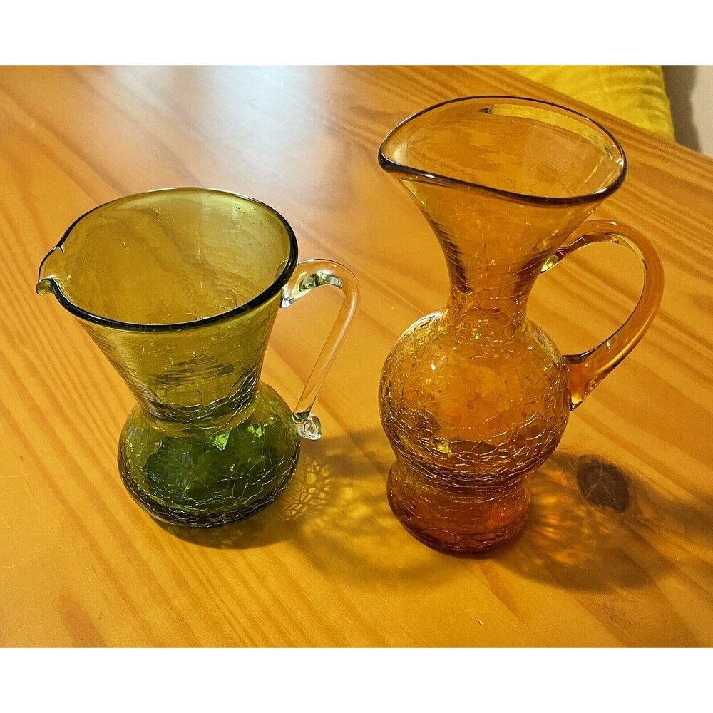Amber Crackle Glass Vase & Green Crackle Glass Vase (2)Pitchers Hand Blown Glass